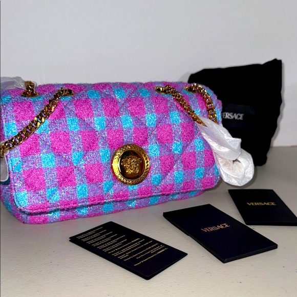 NEW Versace Pink and Blue TWEED SPARKLY Checkered Shoulder Bag - Picture 1 of 9